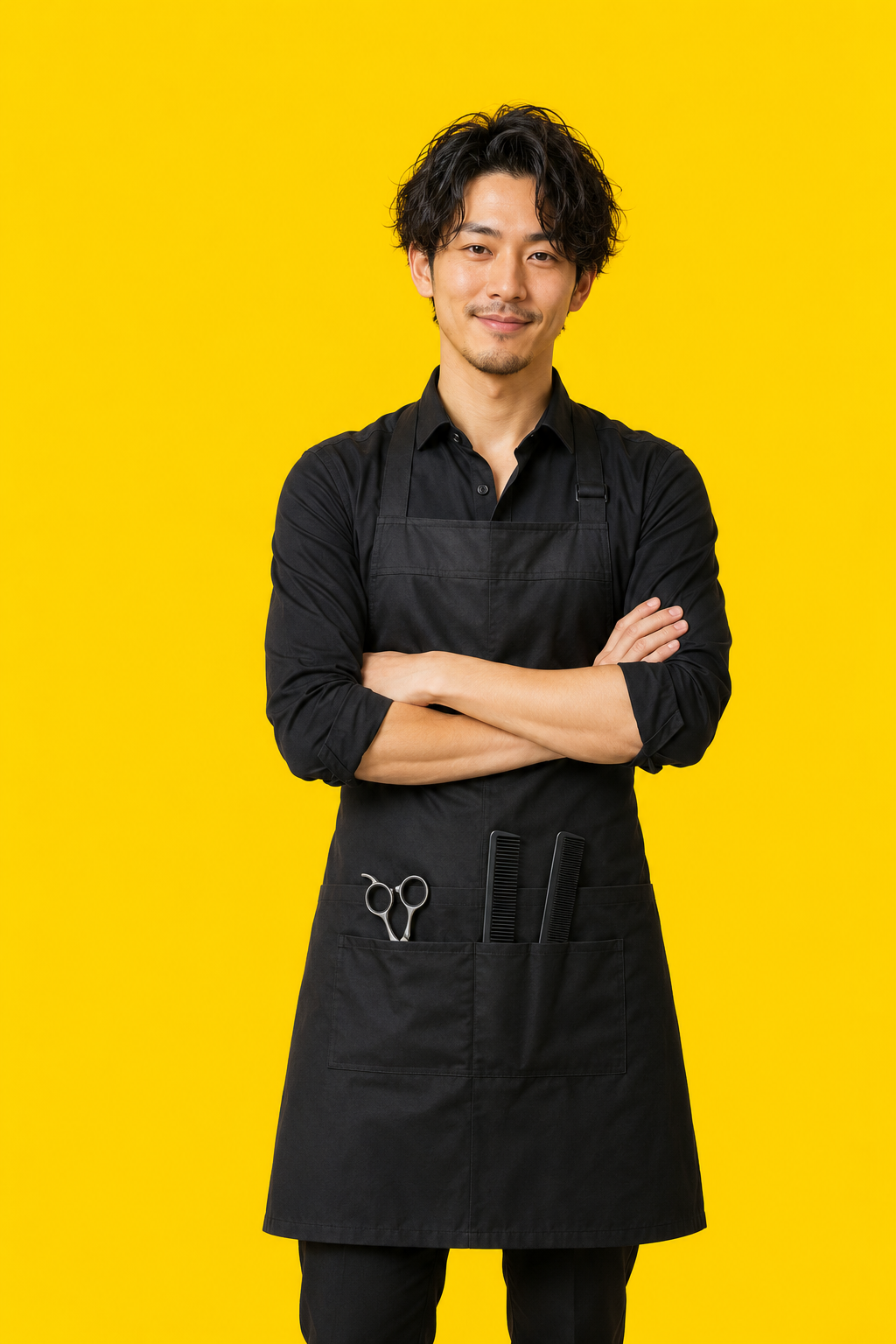 黒いエプロン姿の美容師
